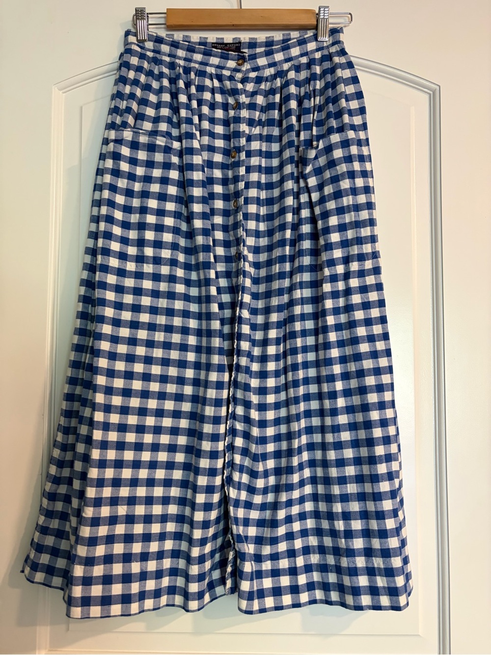 Allen Solly Bombay Oxford Blue and White Gingham Button-Front Vintage Midi Skirt - Picture 1 of 7